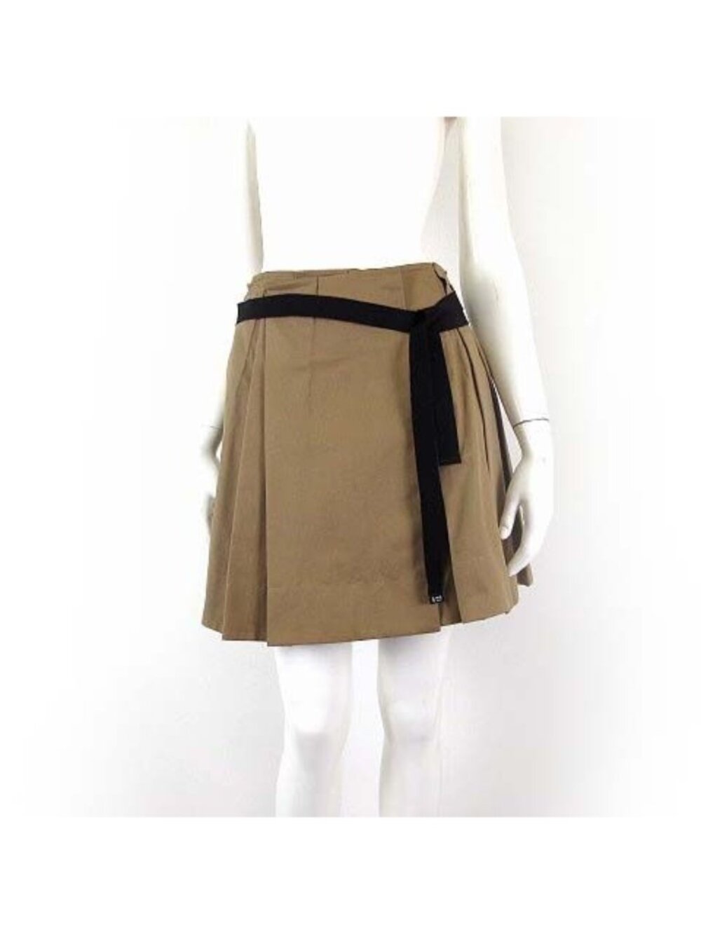 Prada Model Gabardine Pleated Mini Skirt Waist Ribbon S Cork Beige Black 36